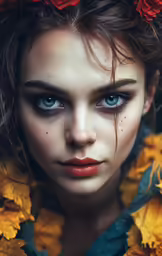 a beautiful woman with red flowers around her head