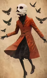 the girl is in the red coat and skeleton head