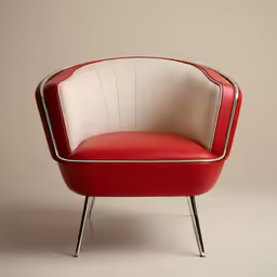 a red and white leather chair sitting on top of a white floor