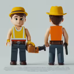 two figurines made of legos one has a gun and the other has a hammer