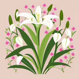 a bouquet of flowers with leaves and pink flowers,an illustration with pink flowers on a light colored background