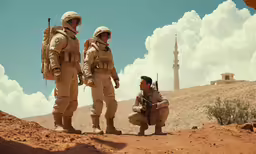 three soldiers standing around in the desert, talking