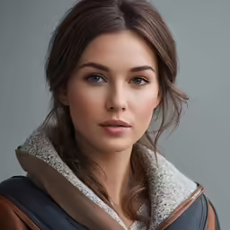 woman in brown leather coat posing for camera