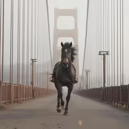 a horse runs through the foggy bridge tracks