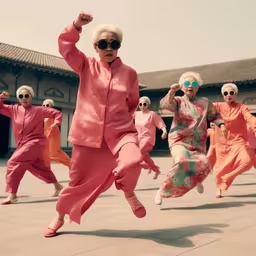 an older person in a group of old people in front of a building,a group of women dancing in an oriental style with the woman in orange clothing dancing