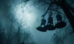 there are several empty bottles in the trees