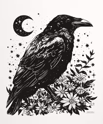 black bird sitting on flower with half moon in the background,a black bird is sitting on some flowers