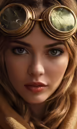 a woman with large golden binoculars in her face