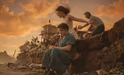 two people standing and sitting on a beach next to a building