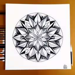 an intricate black and white drawing on paper,an illustration of a circular pattern, drawn with markers on paper,a drawing of a flower that is on paper,a pen and a drawing of a flower in a circle,a black and white drawing with a pen on it