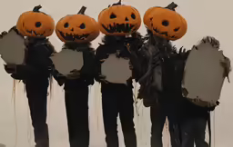 four people wearing halloween costumes holding up signs