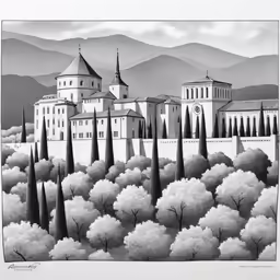 a black and white drawing of a castle