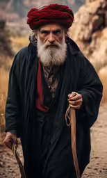 an old man walks down a dirt road in the desert