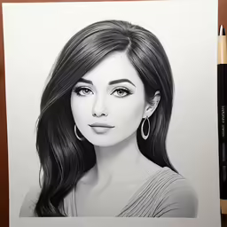 a black and white drawing of a woman with long hair