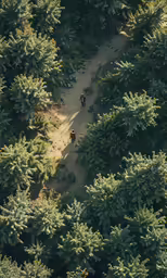 two people riding horseback through the woods together