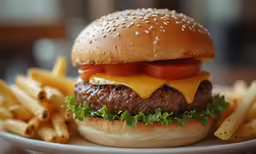 the hamburger has cheese and tomatoes on it