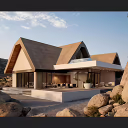 modern home in desert setting on rocky surface