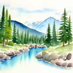 this is a landscape with a creek, trees and mountains