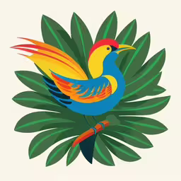 an abstract colorful bird sits on a branch