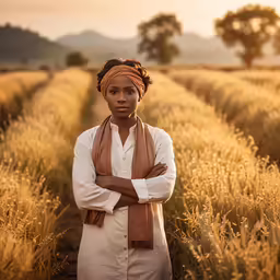 a woman with an orange turban is standing in a field