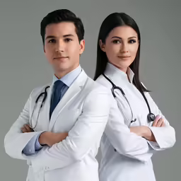 two people in white coats are posing for the camera