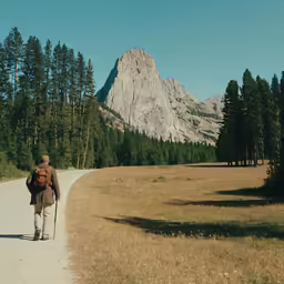 a man with his back pack and walking on a paved road towards the mountains