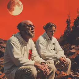 two men sit on some rocks and look down