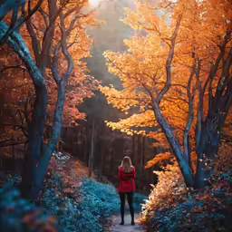 a woman is walking through an area in the woods