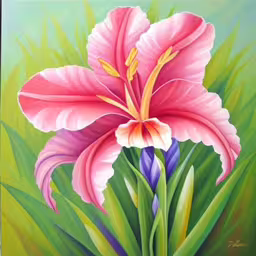 a picture of a flower in a pot with flowers,a painting of a pink flower on a green background,this is a painting of a big pretty flower,a painting of pink flower and grass with one pink blossom,pink and purple flower against green grass