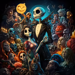 a painting of skeletons and halloween characters with full moon
