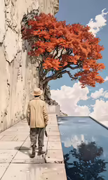 man in suit and hat walking near large red tree next to water
