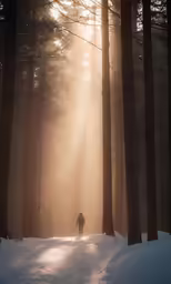 a person walking in a wooded area on a foggy day