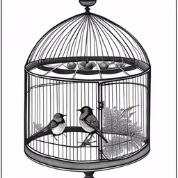 birds sit in an open birdcage and another bird flies nearby,a drawing of two birds in a birdcage
