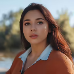a woman wearing an orange jacket is posing