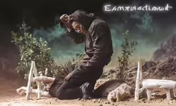 a man kneeling on the ground surrounded by broken statues