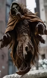 the dog is wearing a large coat and has been statued