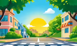 the sun rises over buildings in a neighborhood