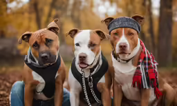 three dogs with coats and bandanas are sitting next to each other