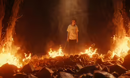a boy stands alone amongst a bunch of fire and smoke
