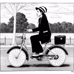 a woman in a suit is riding a bike