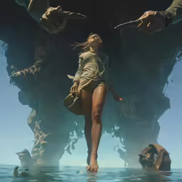 a woman wearing a bikini standing in the water