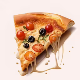 a slice of pizza with olives and tomatoes is sitting on a white surface
