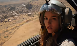 a woman wearing helmet while inside of a plane