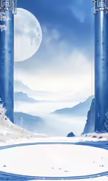 some blue pillars with white snow in the ground