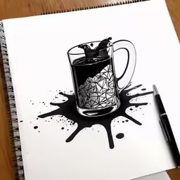 a pen and ink drawing of a cup with ice in it