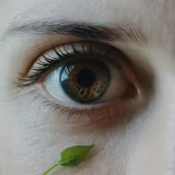 a close up of a blue eye and a leaf