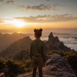 the young person stands on top of a mountain overlooking the ocean