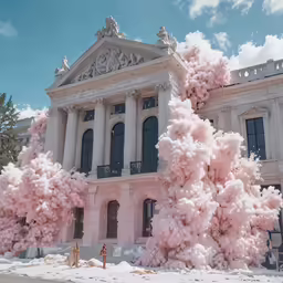 some pink fluffy trees on a city street