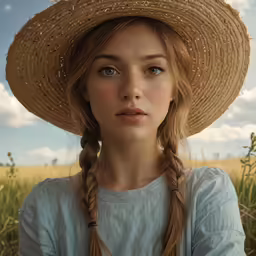 a girl wearing a big hat in a field