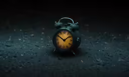 a small yellow clock with a black face on a dark surface